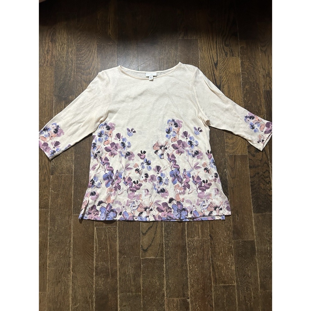 J Jill Women Top Size S Petite 3/4 Sleeve Boat Neck Tee Ivory Floral‎